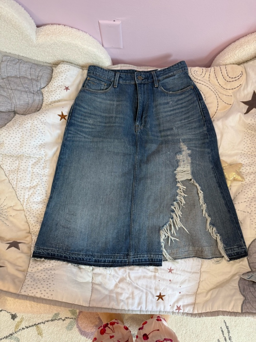 Distressed Blue Denim Midi Skirt with Front Slit